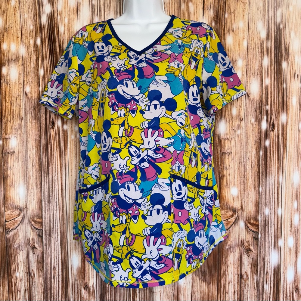 Mickey Minnie Donald Daisy Goofy Print Scrub Top